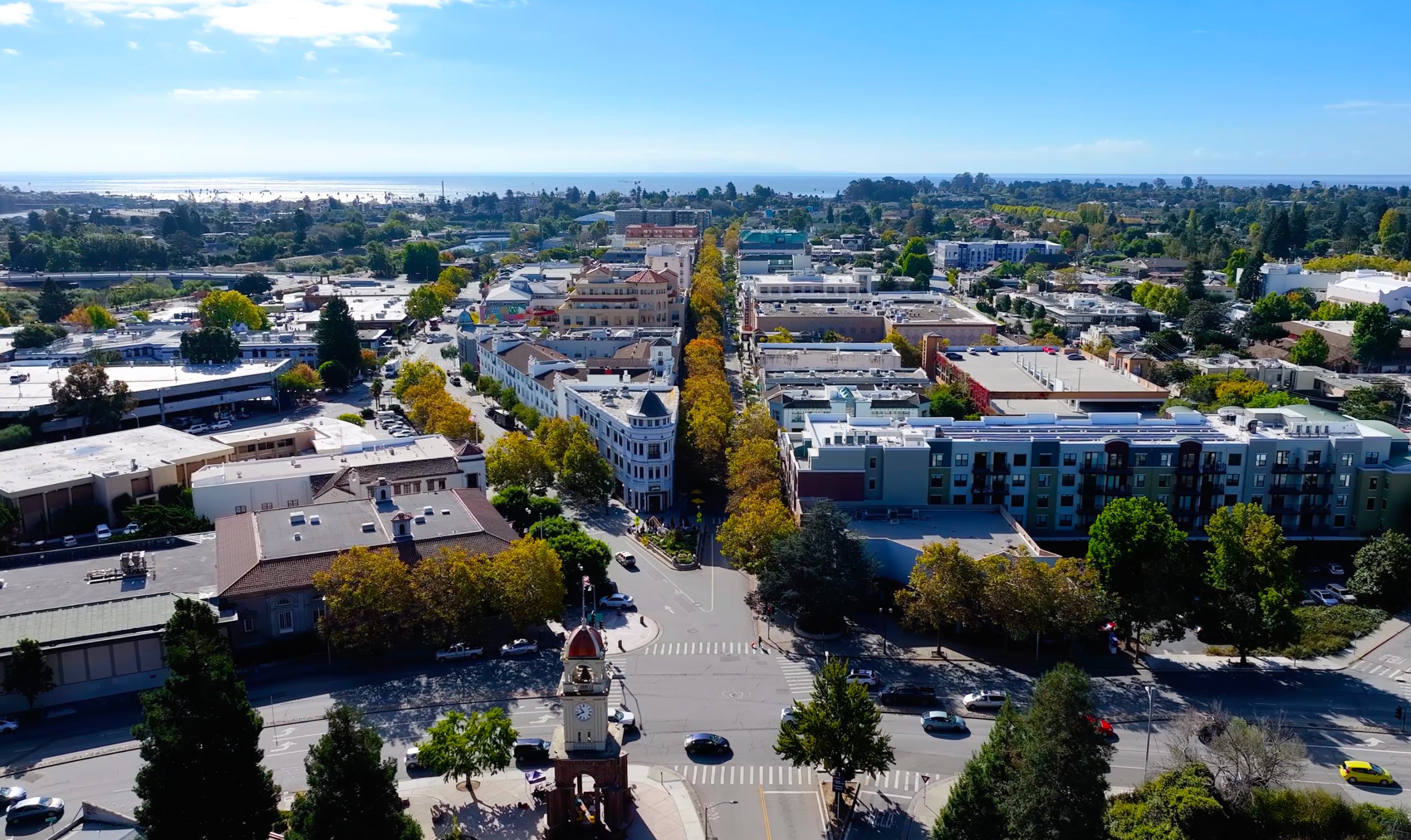 Arial photo of Downtown Santa Cruz facing the ocean.