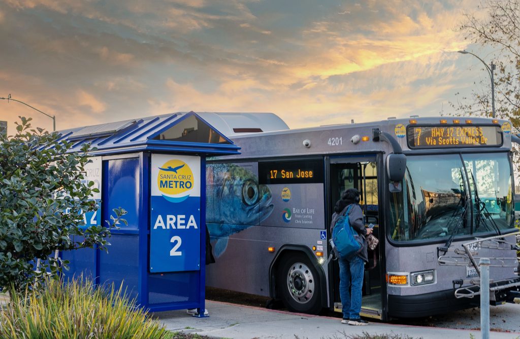 SCMTD route 17 bus at stop area 2 person boarding