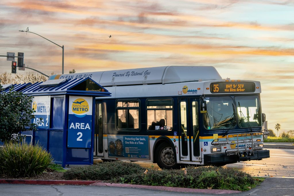 Route 35 bus stopped at SC Metro bus shelter
