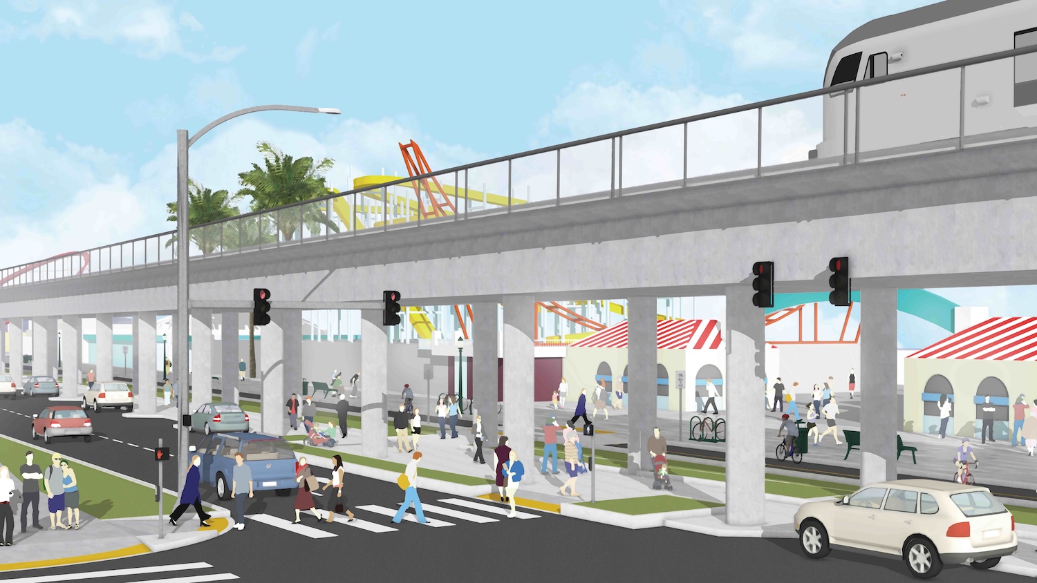 Rapid corridor rendering with people crossing the street under train station as train is arriving