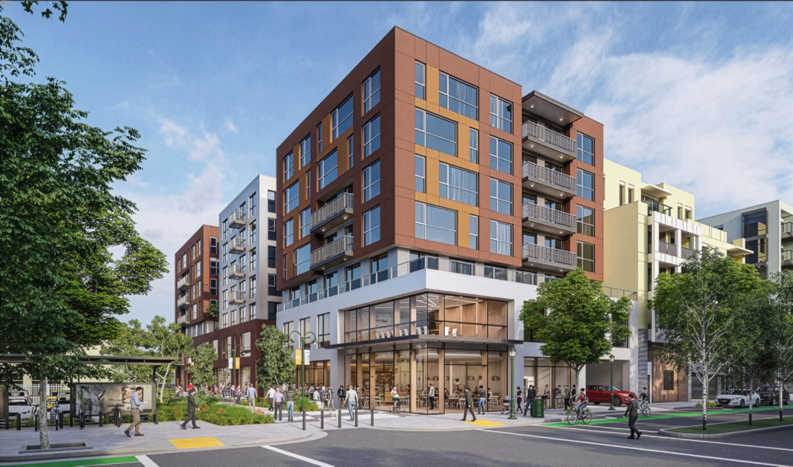 Building rendering with people walking on the street