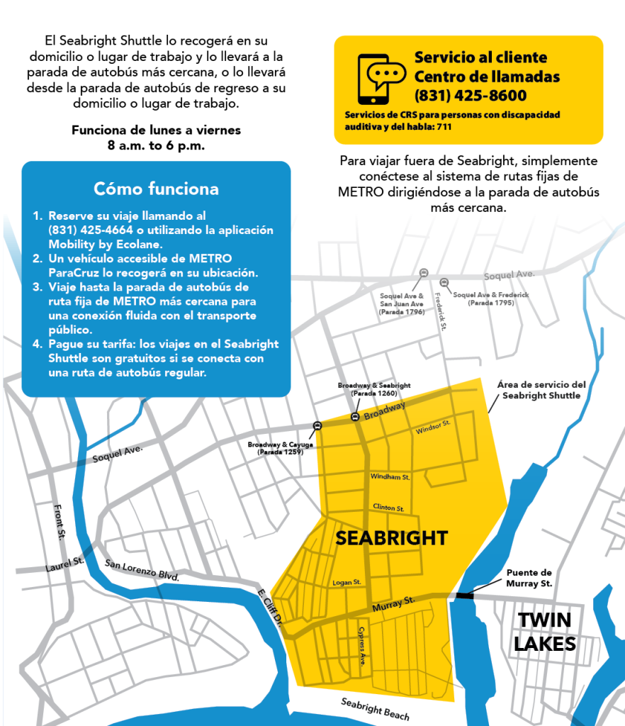 El Seabright Shuttle lo recogerá en su domicilio o lugar de trabajo y lo llevará a la parada de autobús más cercana, o lo llevará desde la parada de autobús de regreso a su domicilio o lugar de trabajo.